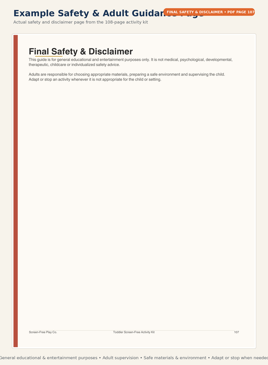 Safety and adult guidance preview page from the Toddler Screen-Free Activity Kit printable