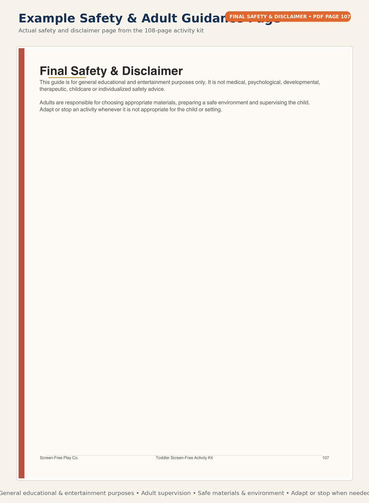 Safety and adult guidance preview page from the Toddler Screen-Free Activity Kit printable